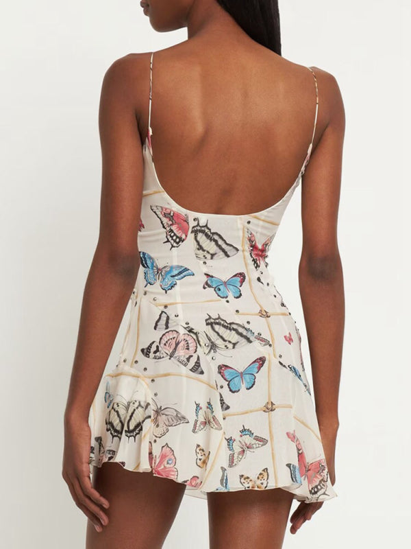 New French style pure desire butterfly print suspender sexy backless dress - FashionistaDeal