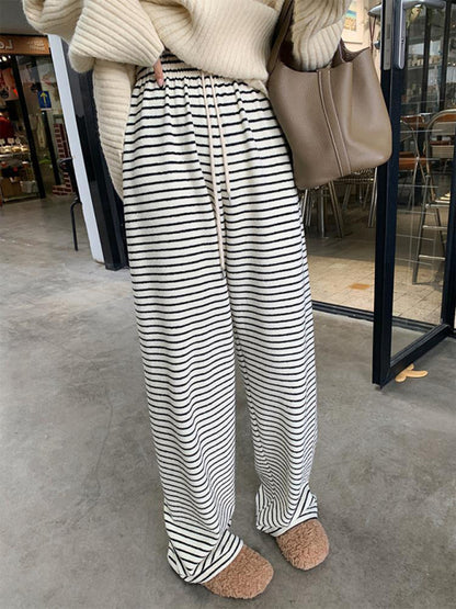 Women's Striped High Waist Straight Loose Drape Lazy Casual Wide Leg Pants - FashionistaDeal