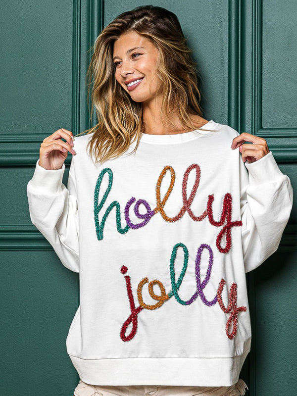 Women's letter round neck long sleeve loose casual Christmas pullover sweatshirt - FashionistaDeal