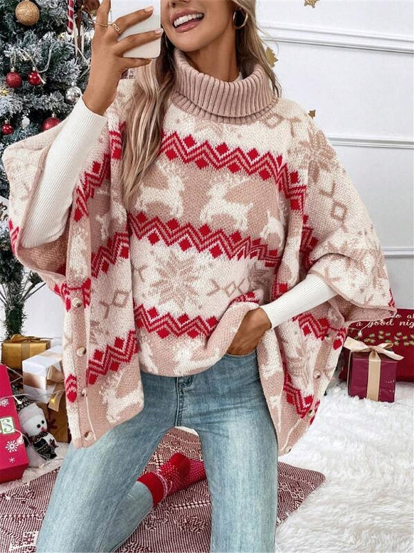 Women's turtleneck Christmas Elk Contrast Pattern Bat Sleeve Sweater - FashionistaDeal