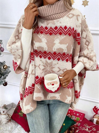 Women's turtleneck Christmas Elk Contrast Pattern Bat Sleeve Sweater - FashionistaDeal