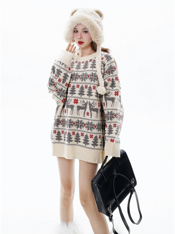 Women's Christmas elk double layer contrast jacquard crew neck pullover sweater - FashionistaDeal