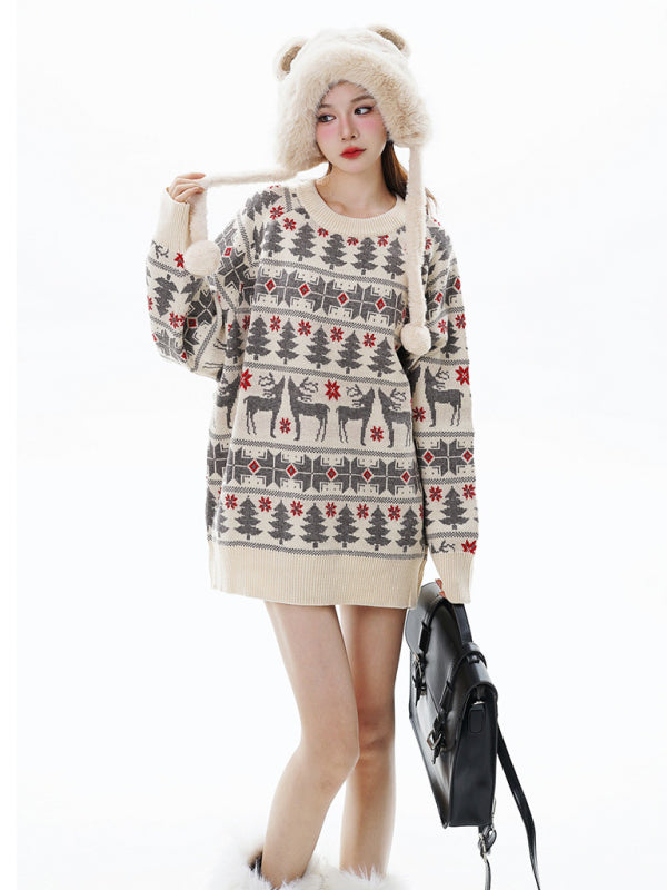 Women's Christmas elk double layer contrast jacquard crew neck pullover sweater - FashionistaDeal