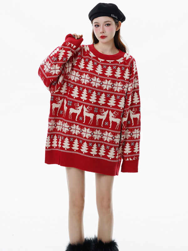 Women's Christmas elk double layer contrast jacquard crew neck pullover sweater - FashionistaDeal