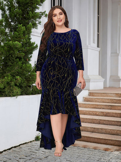 Three-quarter sleeve mermaid high-low hem maxi velvet dress - FashionistaDeal