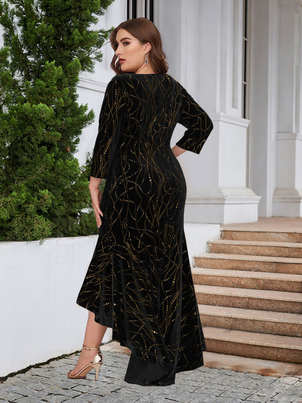 Three-quarter sleeve mermaid high-low hem maxi velvet dress - FashionistaDeal