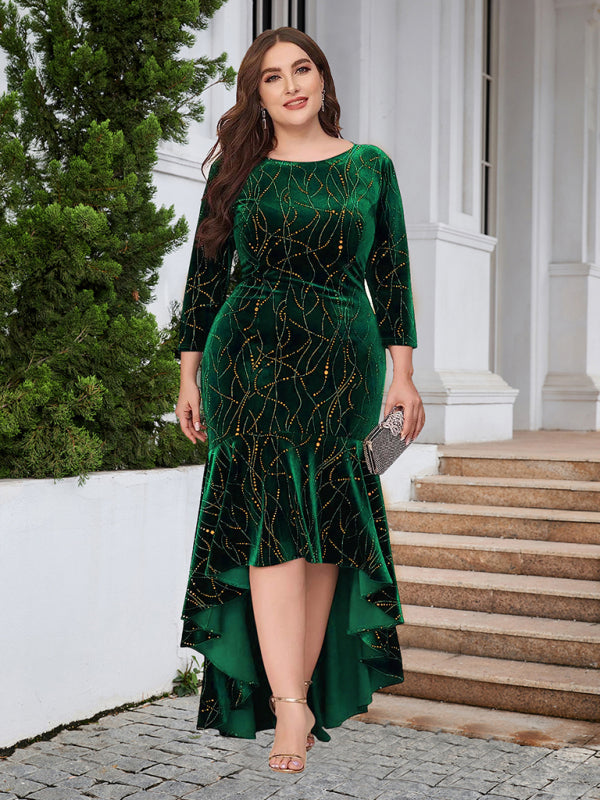 Three-quarter sleeve mermaid high-low hem maxi velvet dress - FashionistaDeal