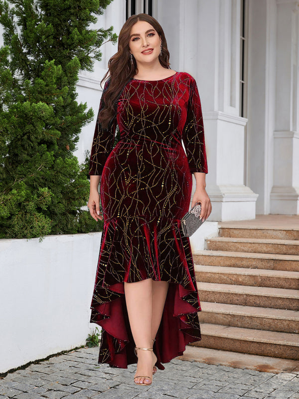 Three-quarter sleeve mermaid high-low hem maxi velvet dress - FashionistaDeal