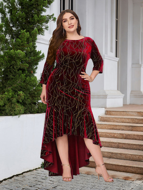 Three-quarter sleeve mermaid high-low hem maxi velvet dress - FashionistaDeal