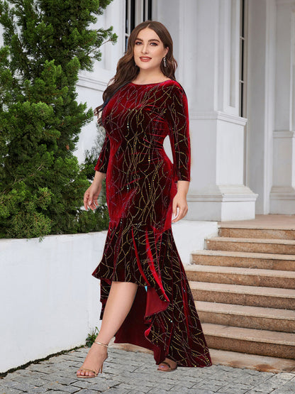 Three-quarter sleeve mermaid high-low hem maxi velvet dress - FashionistaDeal