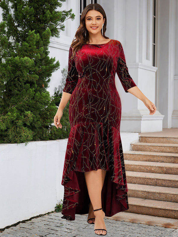 Three-quarter sleeve mermaid high-low hem maxi velvet dress - FashionistaDeal