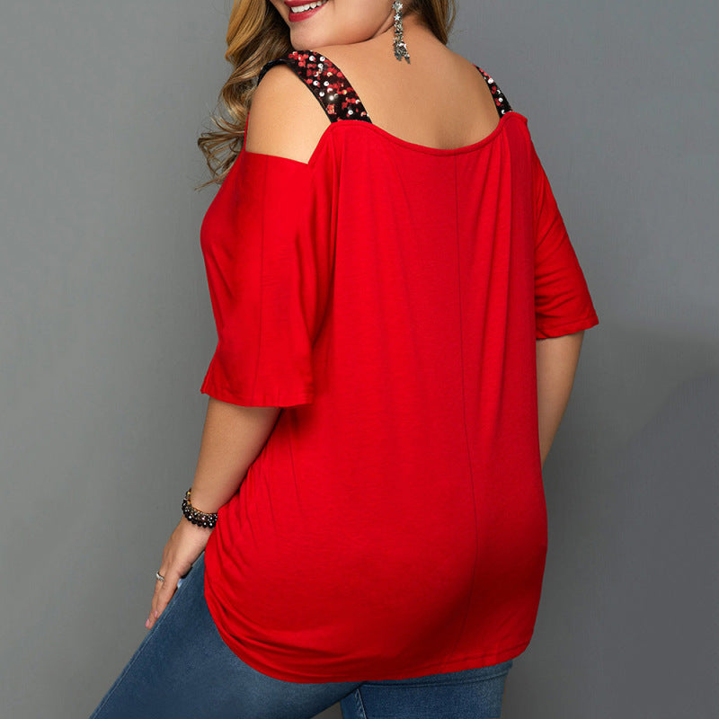 Christmas tree print off-shoulder loose short-sleeved plus size T-shirt top - FashionistaDeal