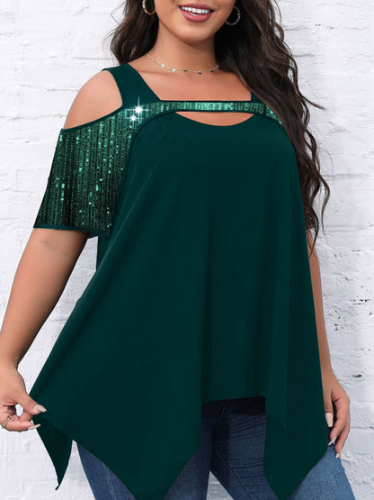 Short-sleeved women's sequined hollow Irregular wide hem T-shirt - FashionistaDeal