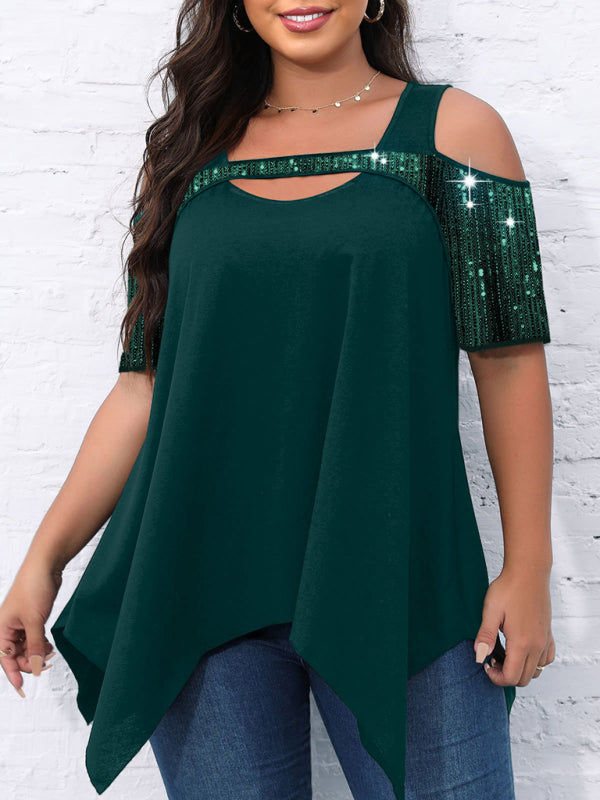 Short-sleeved women's sequined hollow Irregular wide hem T-shirt - FashionistaDeal