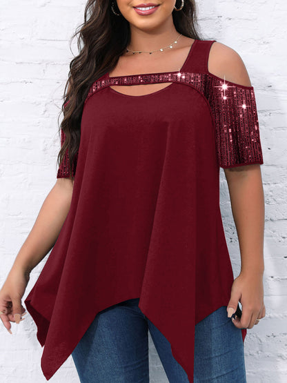 Short-sleeved women's sequined hollow Irregular wide hem T-shirt - FashionistaDeal