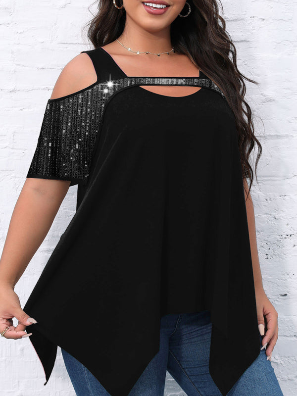 Short-sleeved women's sequined hollow Irregular wide hem T-shirt - FashionistaDeal