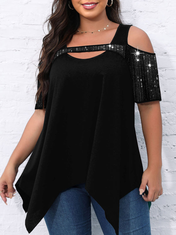 Short-sleeved women's sequined hollow Irregular wide hem T-shirt - FashionistaDeal