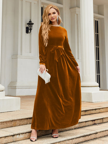 Women's round neck belted gold velvet dress - FashionistaDeal