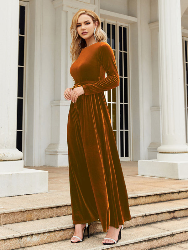 Women's round neck belted gold velvet dress - FashionistaDeal