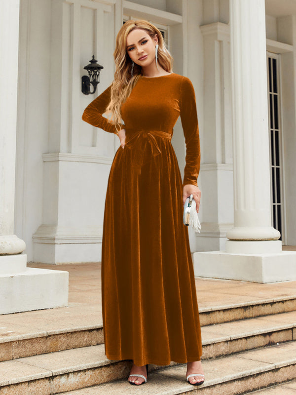 Women's round neck belted gold velvet dress - FashionistaDeal