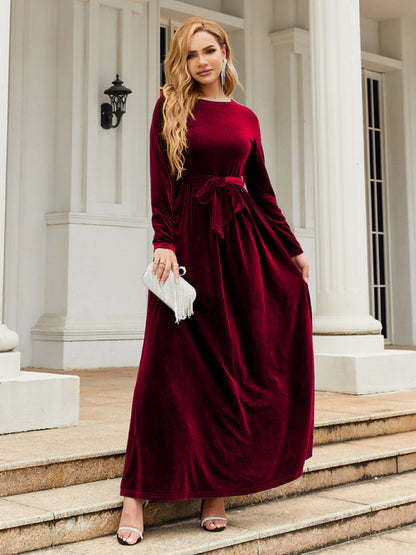 Women's round neck belted gold velvet dress - FashionistaDeal