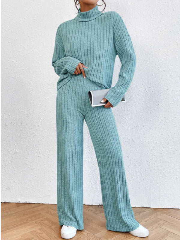 Casual high collar knitted long sleeve women's knitted two-piece set - FashionistaDeal