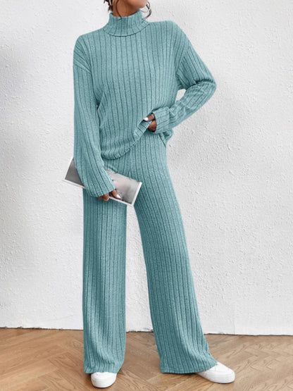 Casual high collar knitted long sleeve women's knitted two-piece set - FashionistaDeal