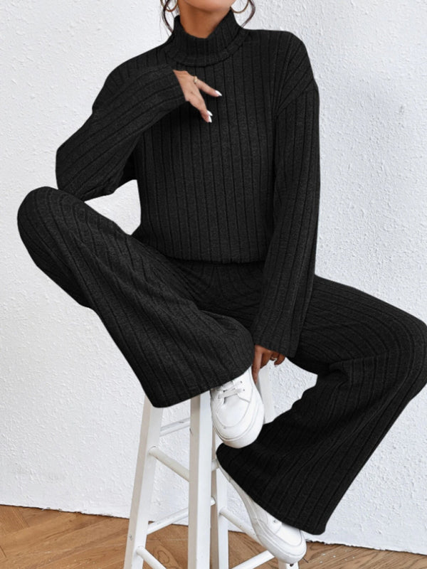 Casual high collar knitted long sleeve women's knitted two-piece set - FashionistaDeal