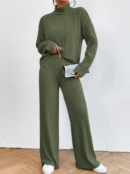 Casual high collar knitted long sleeve women's knitted two-piece set - FashionistaDeal