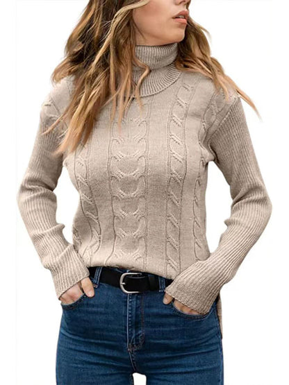 Women's Solid Color Turtleneck Sweater Retro Long Sleeve Sweater - FashionistaDeal