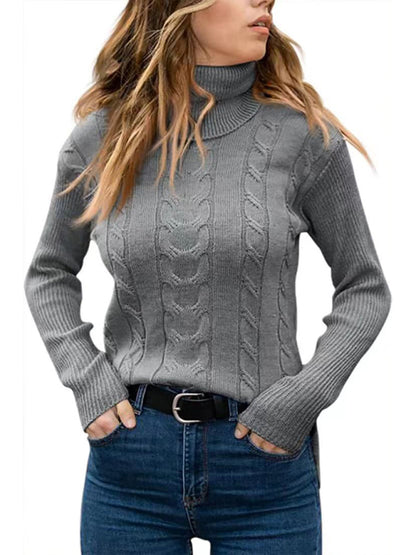 Women's Solid Color Turtleneck Sweater Retro Long Sleeve Sweater - FashionistaDeal