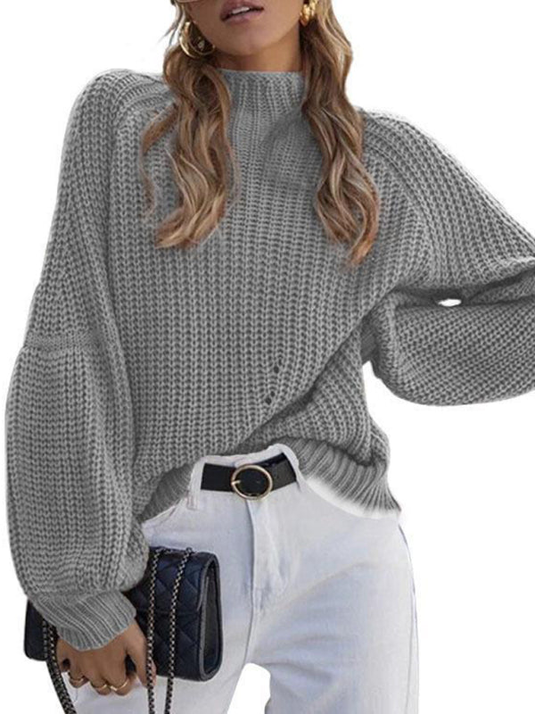 Women's solid color loose half turtleneck sweater - FashionistaDeal