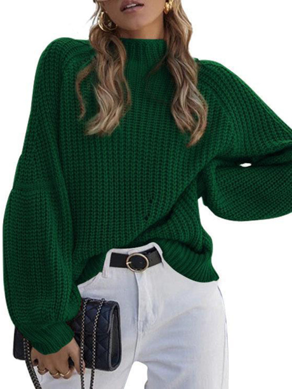 Women's solid color loose half turtleneck sweater - FashionistaDeal