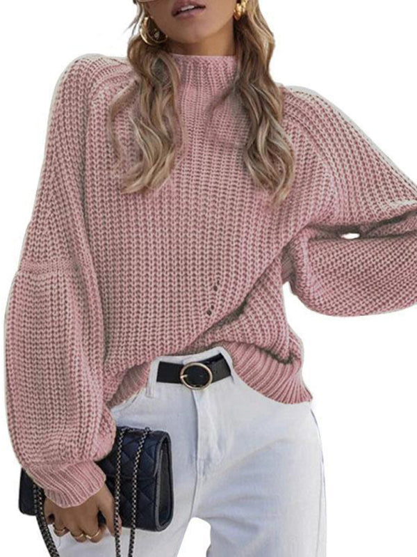 Women's solid color loose half turtleneck sweater - FashionistaDeal