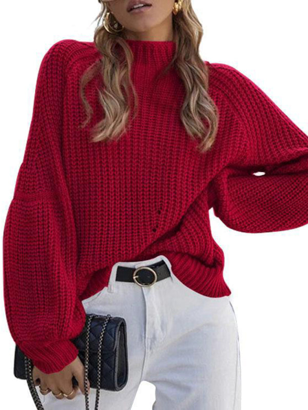 Women's solid color loose half turtleneck sweater - FashionistaDeal