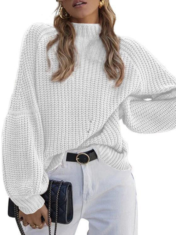 Women's solid color loose half turtleneck sweater - FashionistaDeal