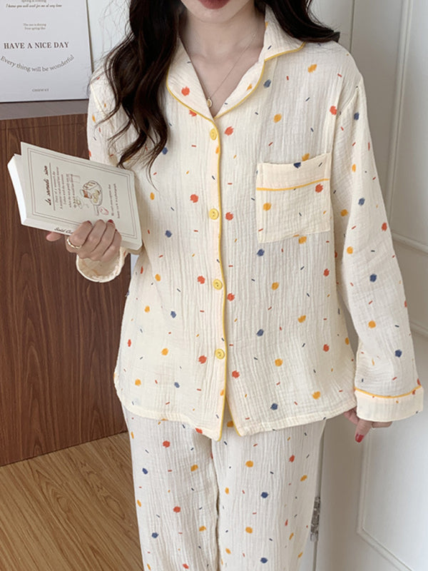 New women's sweet and cute style pure cotton gauze pajamas thin long-sleeved trousers home wear set - FashionistaDeal