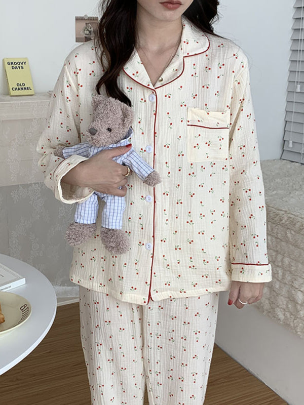 New women's sweet and cute style pure cotton gauze pajamas thin long-sleeved trousers home wear set - FashionistaDeal