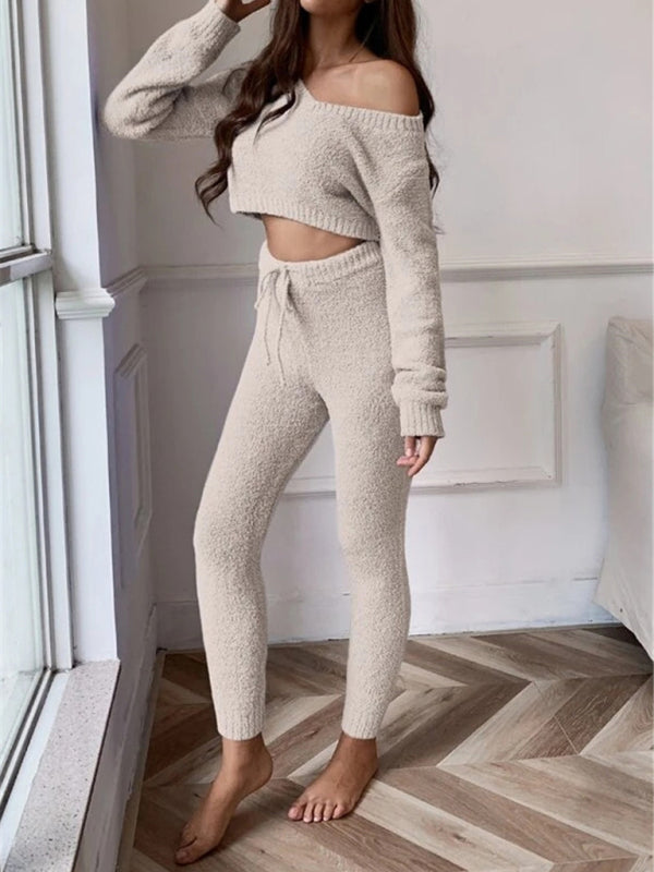 Women V-neck short knitted sweater women's drawstring lace-up trousers fashion suit - FashionistaDeal