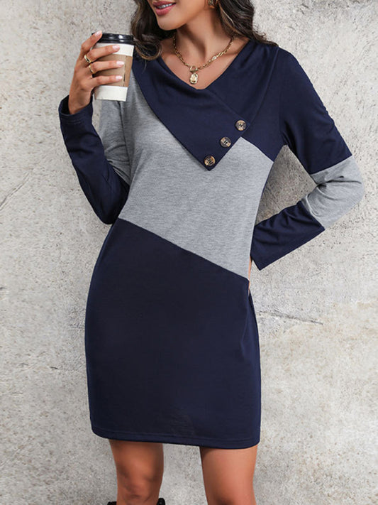 New women's casual color block long sleeve sweatshirt dress - FashionistaDeal