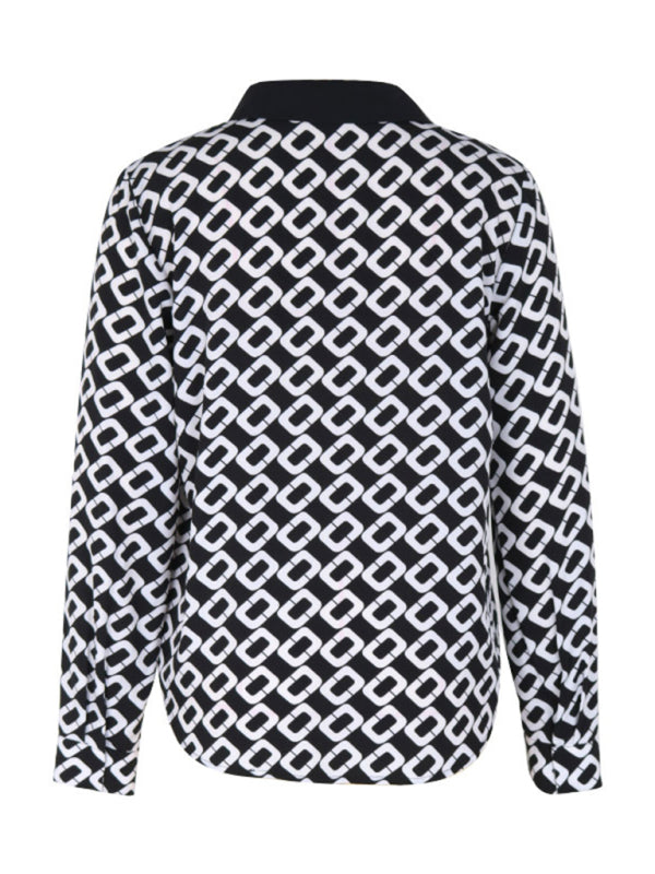 Women's new V-lapel printed long-sleeved shirt - FashionistaDeal