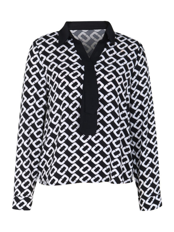 Women's new V-lapel printed long-sleeved shirt - FashionistaDeal