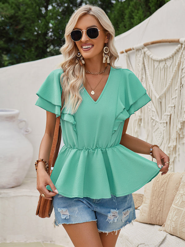 Women's V-neck ruffled solid color short-sleeved waist top - FashionistaDeal