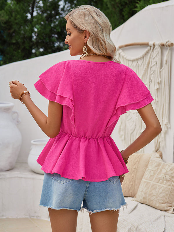 Women's V-neck ruffled solid color short-sleeved waist top - FashionistaDeal