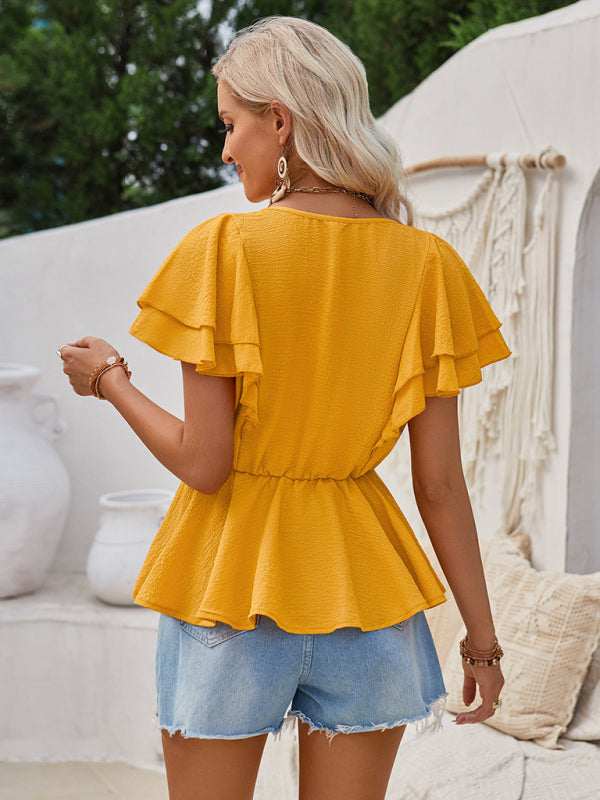 Women's V-neck ruffled solid color short-sleeved waist top - FashionistaDeal