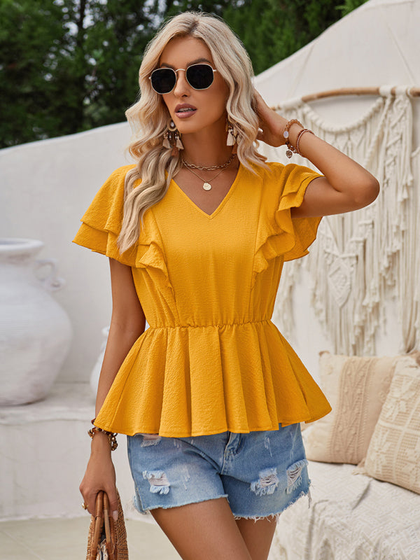 Women's V-neck ruffled solid color short-sleeved waist top - FashionistaDeal