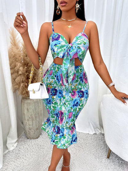 Women's Printed hip-hugging hollow strap dress - FashionistaDeal