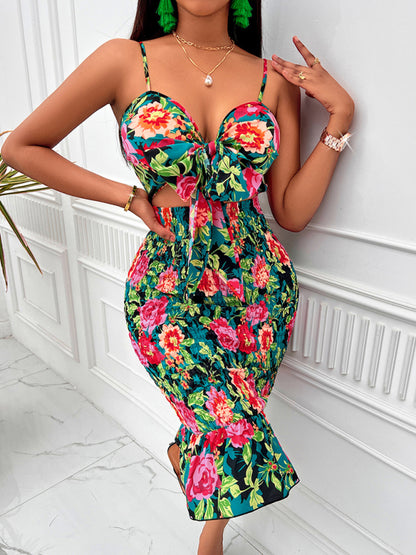 Women's Printed hip-hugging hollow strap dress - FashionistaDeal