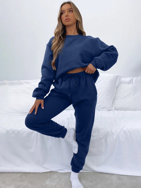 Women Solid Color Round Fashionable Casual Collar Pullover Long Sleeve Trousers Sweater Suit - FashionistaDeal