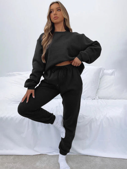 Women Solid Color Round Fashionable Casual Collar Pullover Long Sleeve Trousers Sweater Suit - FashionistaDeal